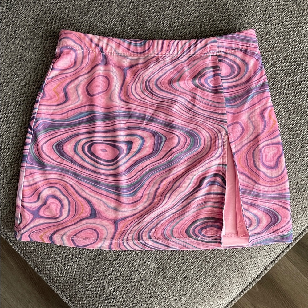 White Fox Pink Marble-Print Mini Skirt with Front Slit